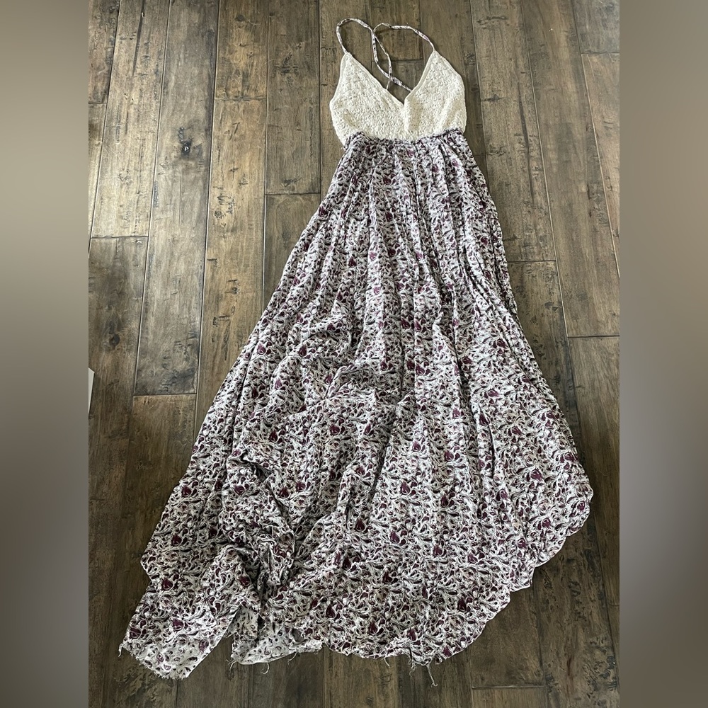 RAGA Paisley Purple & Cream Mixed Media Crochet Knit Maxi Dress Size M